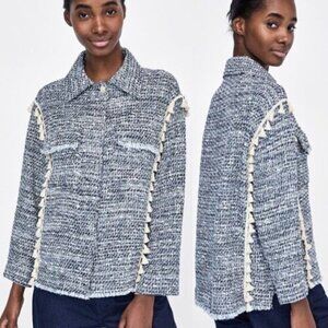 ZARA Oversize Tweed Blue and White Fringe Tassels Blazer Jacket